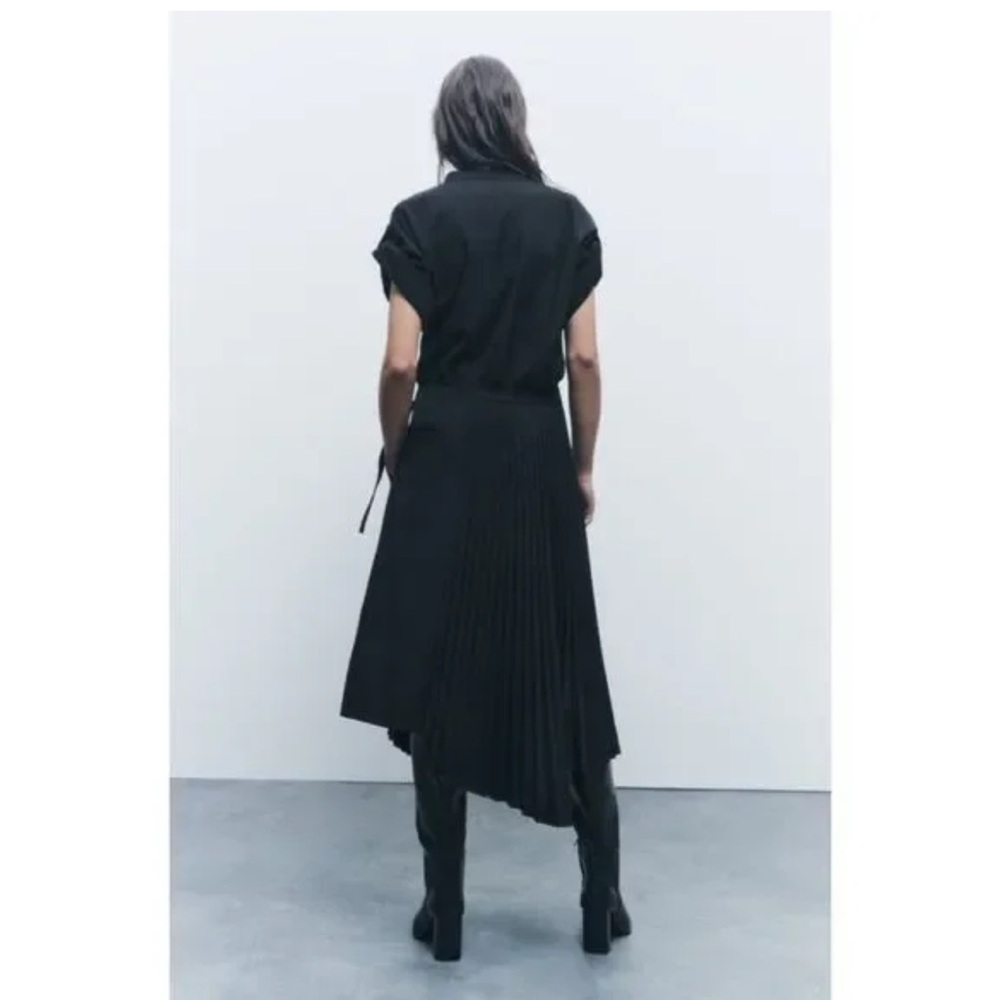 Zara Black Asymmetrical Pleated Midi Dress